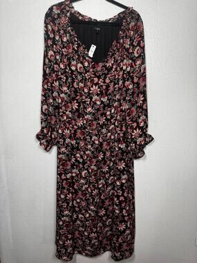 Talbots Midi Dress Red Black V-Neck Floral Ruffled Pullover Long Sleeve Sz 3X